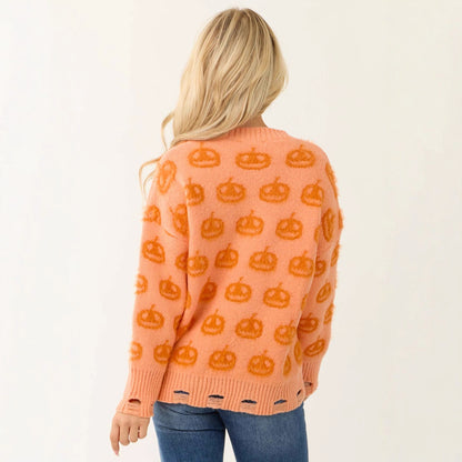 Women's Oversized Pumpkin Halloween Distressed Sweater