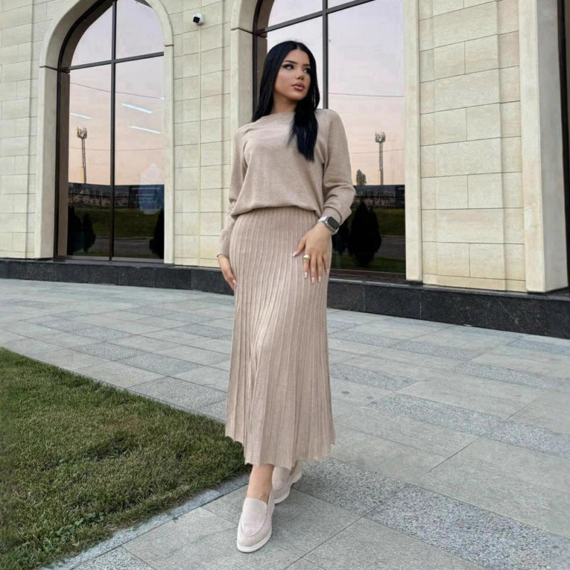 Women's Two Piece Pleated Maxi Skirt Set Long Sleeve