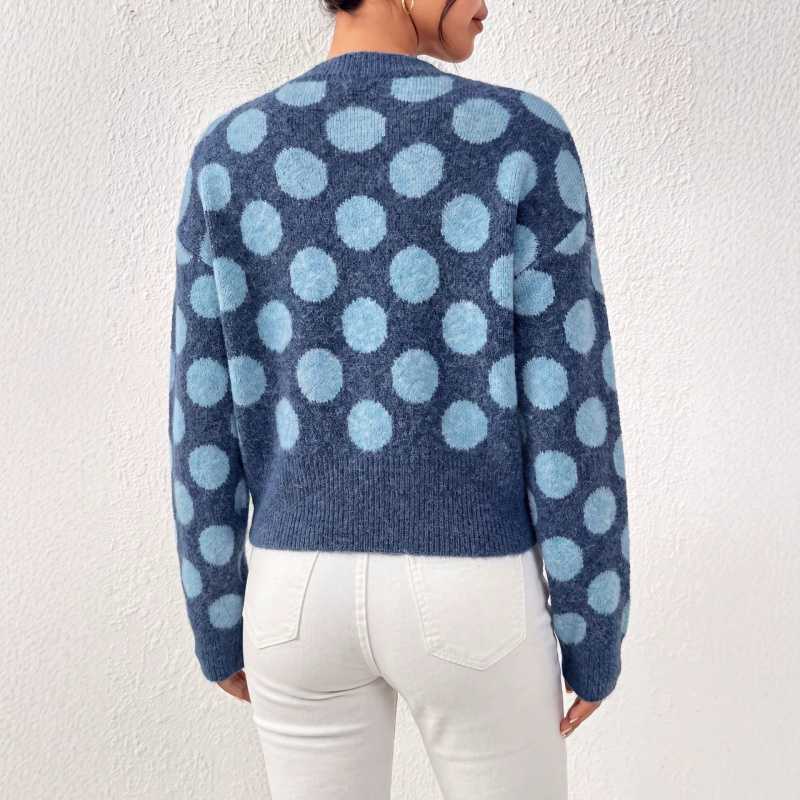 Women's Polka Dot Cropped Blue Knit Cardigan