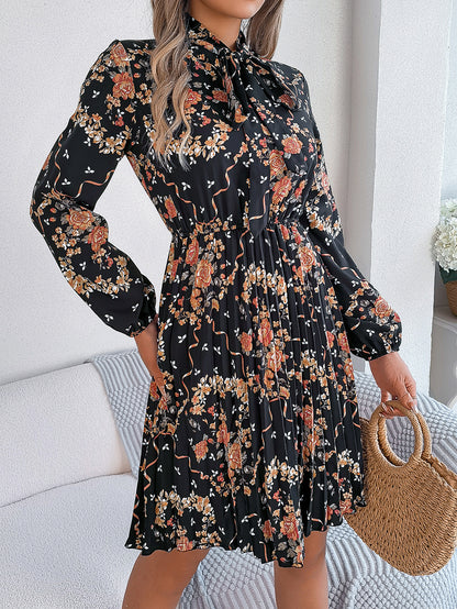 Floral Tie Neck Long Sleeve Pleated Midi Dress