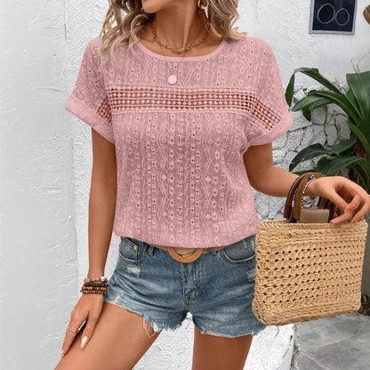 Hollow Out Lace Batwing Sleeve Crew Neck Summer Tee