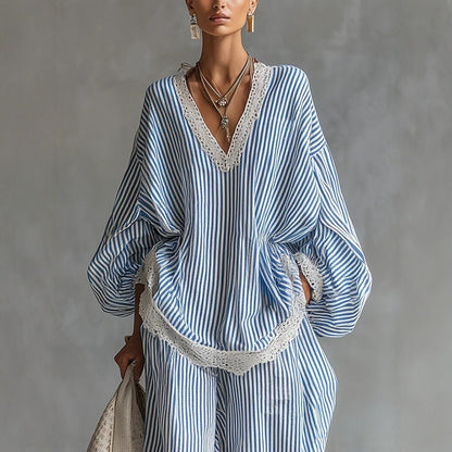 Blue Striped Lace Trim Puff Sleeve Matching Set