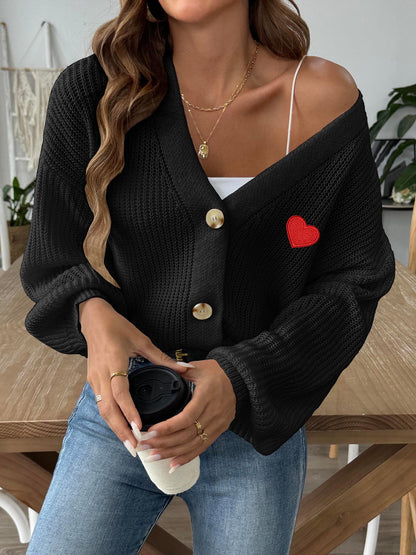 Women's Love Stickers Short Button Woven Jacket Sweater Cardigan