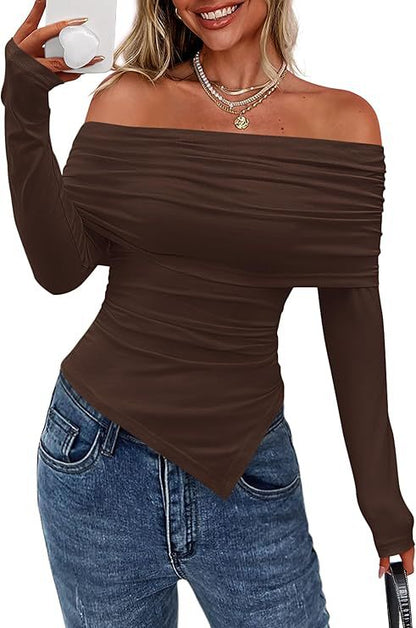 Off Shoulder Long Sleeve Asymmetric Hem Slim Fit Top