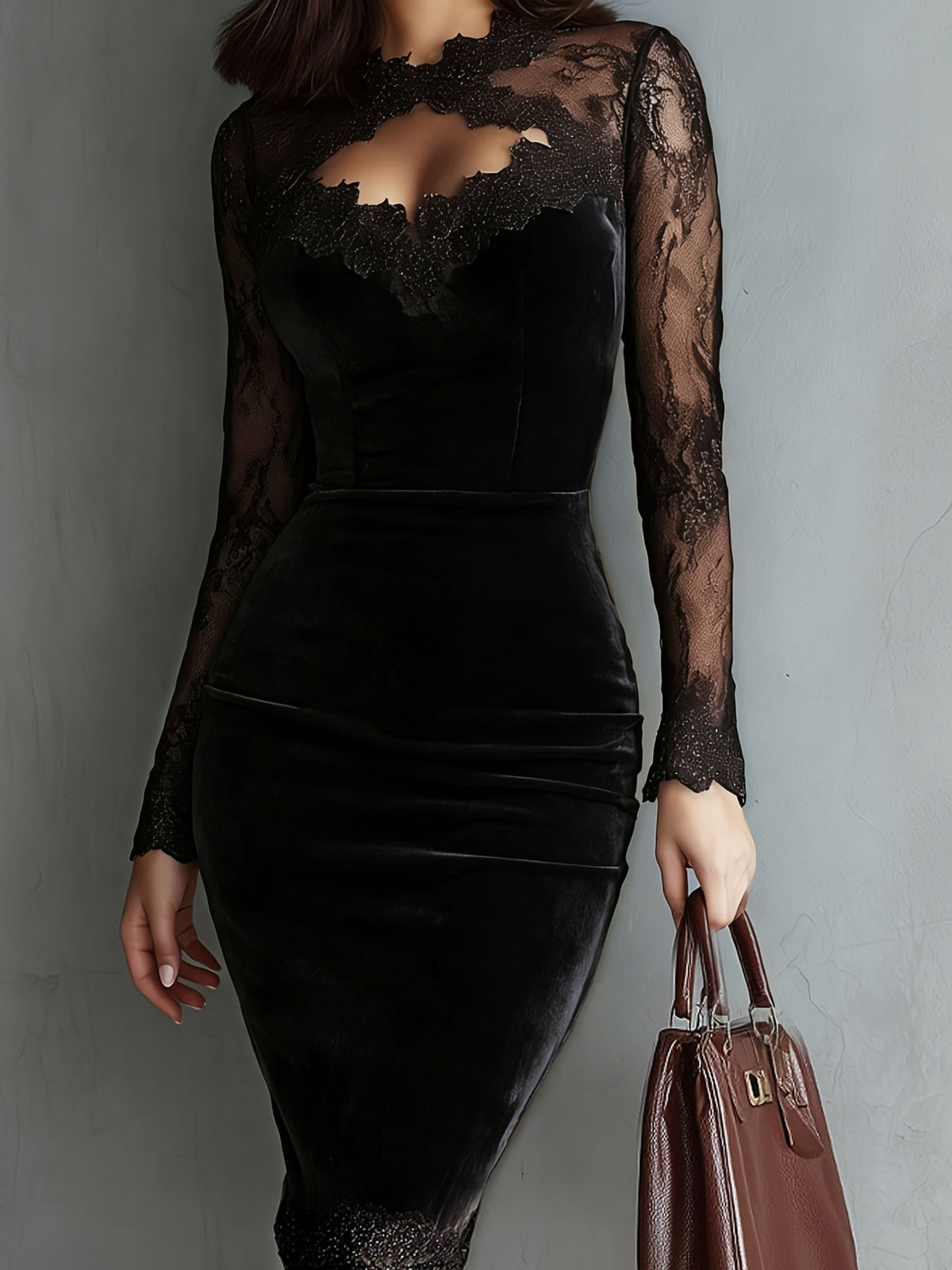Sexy Velvet Lace Bodycon Midi Dress Long Sleeve V-Neck