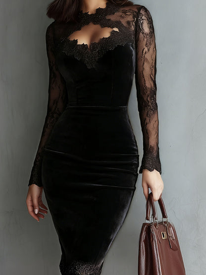 Sexy Velvet Lace Bodycon Midi Dress Long Sleeve V-Neck