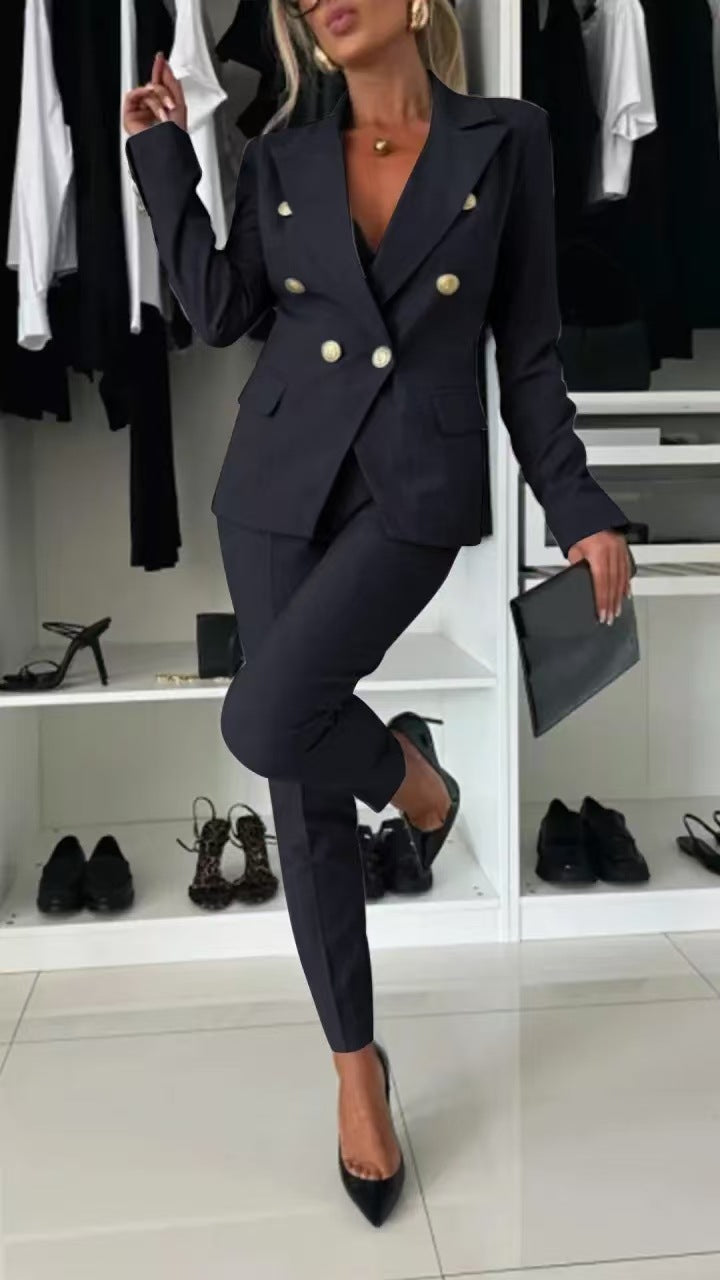 Women's Solid Blazer & Pants 2 Piece Business Casual Set