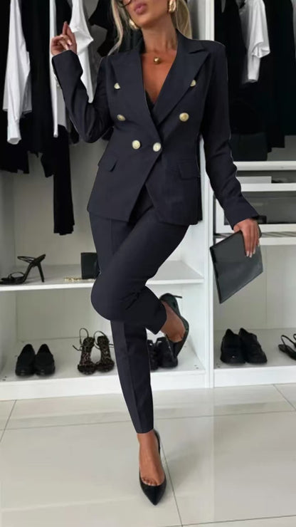 Women's Solid Blazer & Pants 2 Piece Business Casual Set