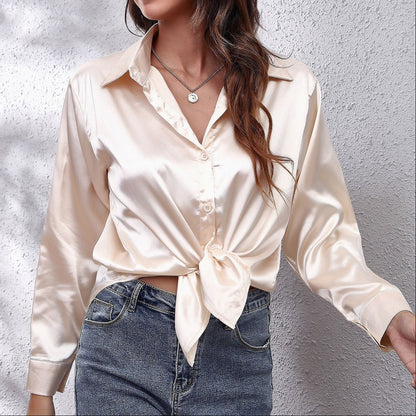Women's Satin Long Sleeve Button Down Collared Blouse