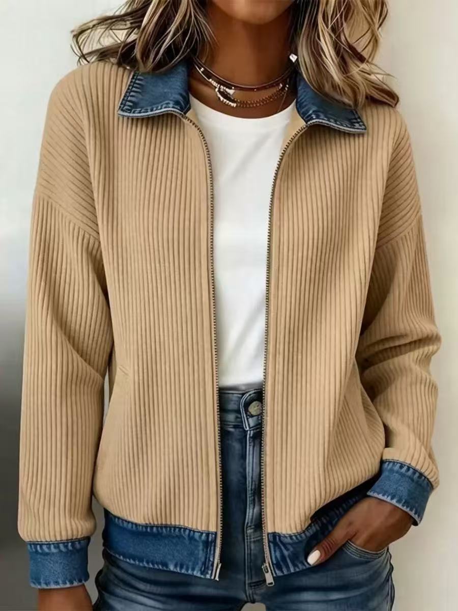 Women's Corduroy Denim Patchwork Zip Jacket