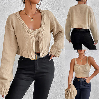 Women's Solid Color V-Neck Cardigan Suspender Sweater Two-piece Set