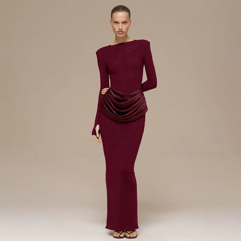 Women's Boat Neck Long Sleeve Ruched Bodycon Maxi Dress