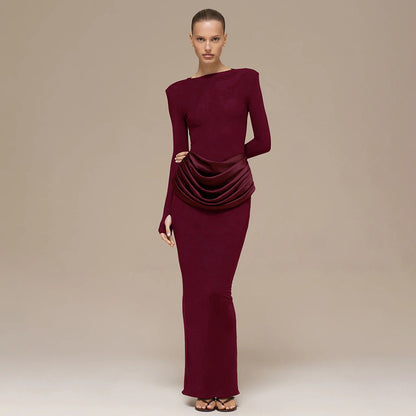 Women's Boat Neck Long Sleeve Ruched Bodycon Maxi Dress
