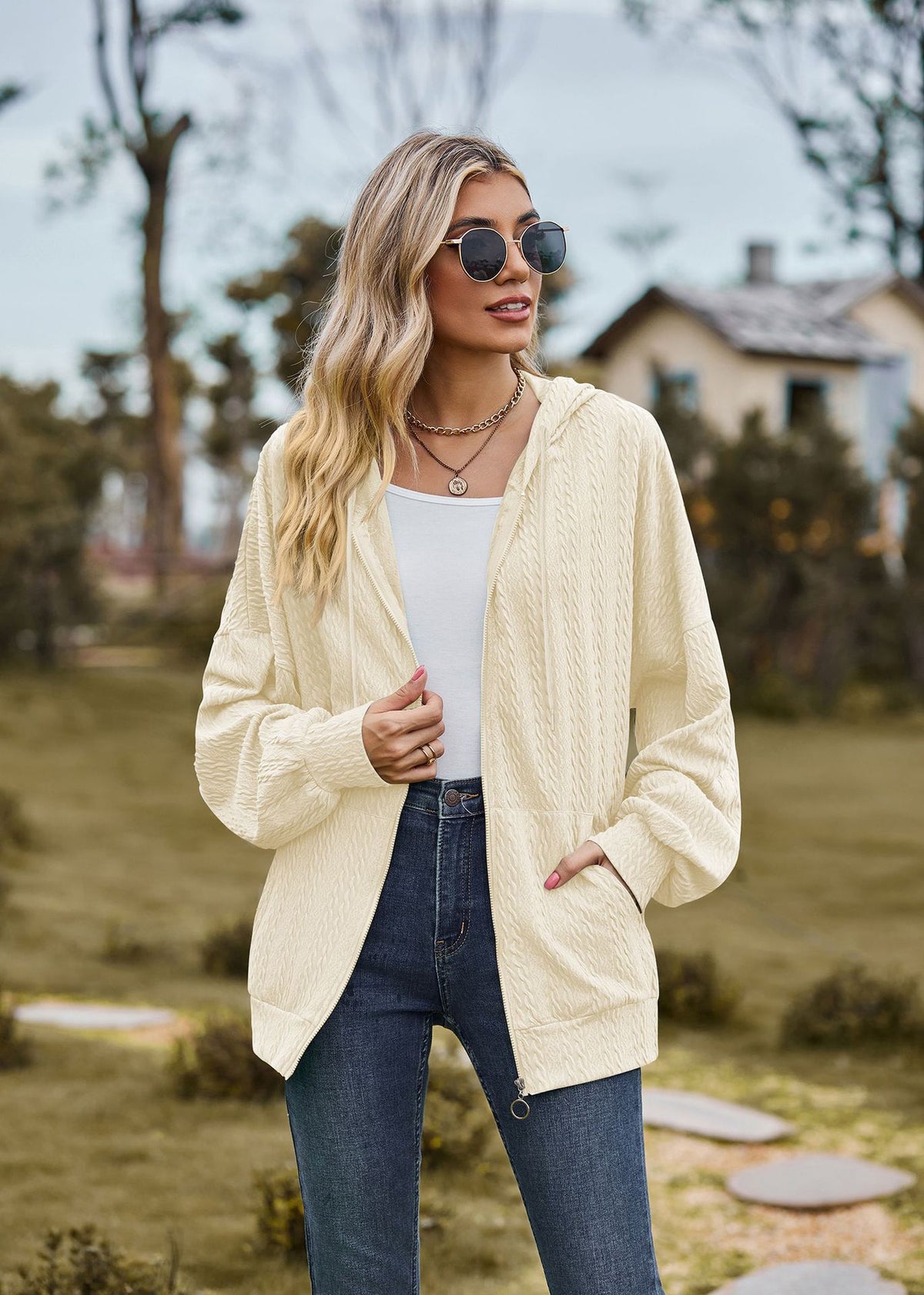 Oversized Textured Zip-Up Hoodie Jacket Pockets