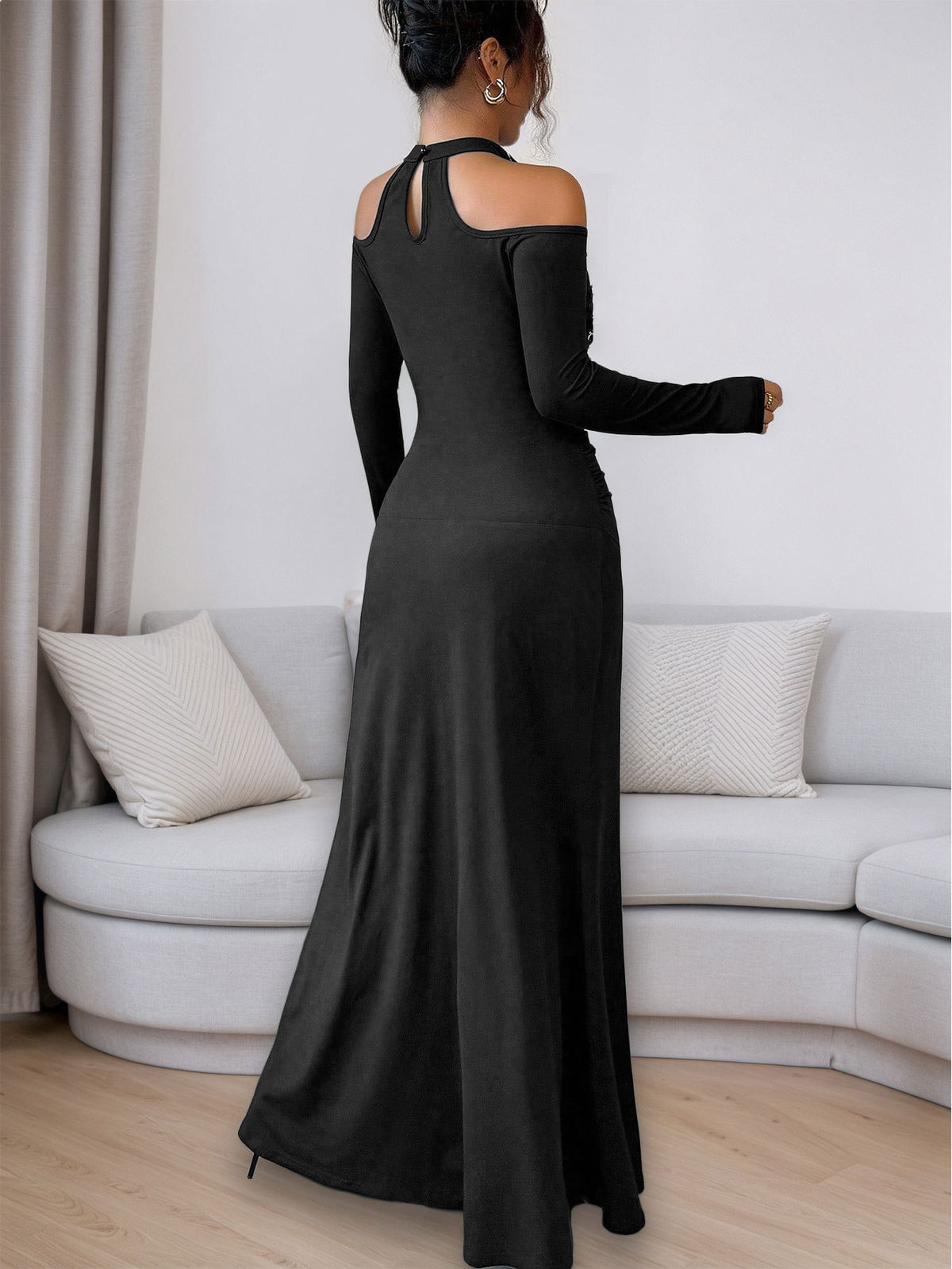 Elegant Black Lace Cut Out Long Sleeve Bodycon Maxi Dress