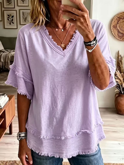 Women's Boho Fringe V-Neck Short Sleeve Linen Blend Top
