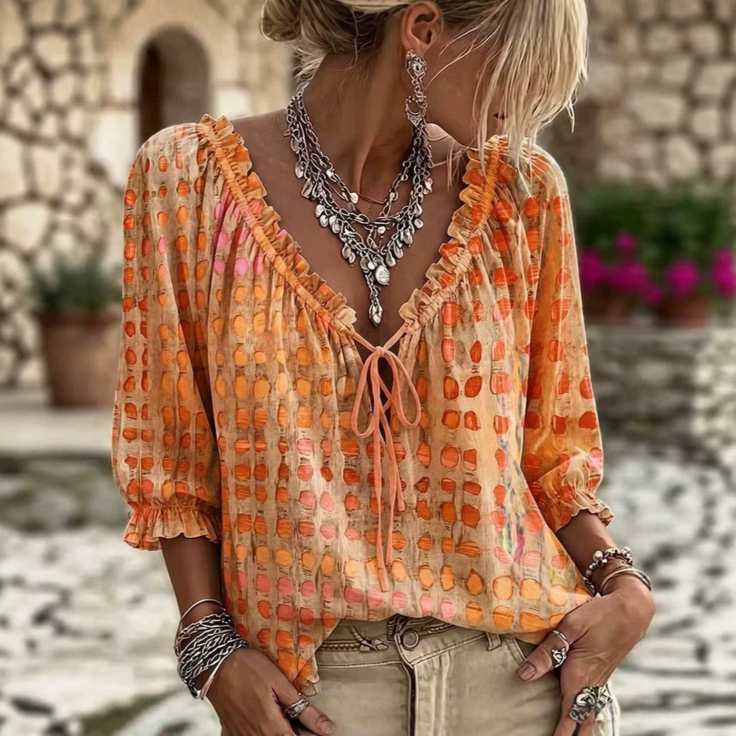 Boho Polka Dot Tie Front V Neck 3/4 Sleeve Blouse