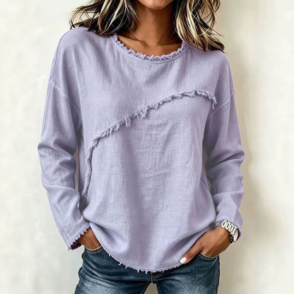 Women's Fringe Trim Crew Neck Long Sleeve Boho Top