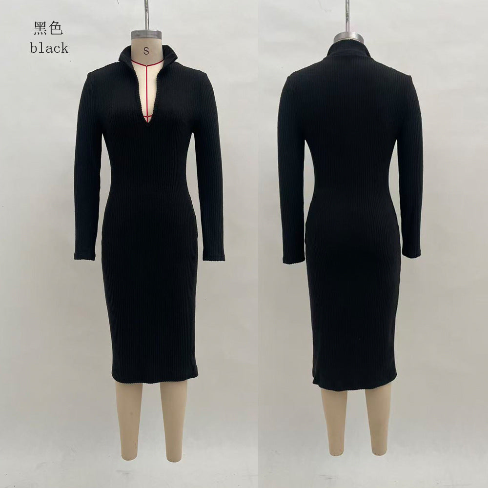 Elegant Ribbed Bodycon Long Sleeve Midi Sweater Dress