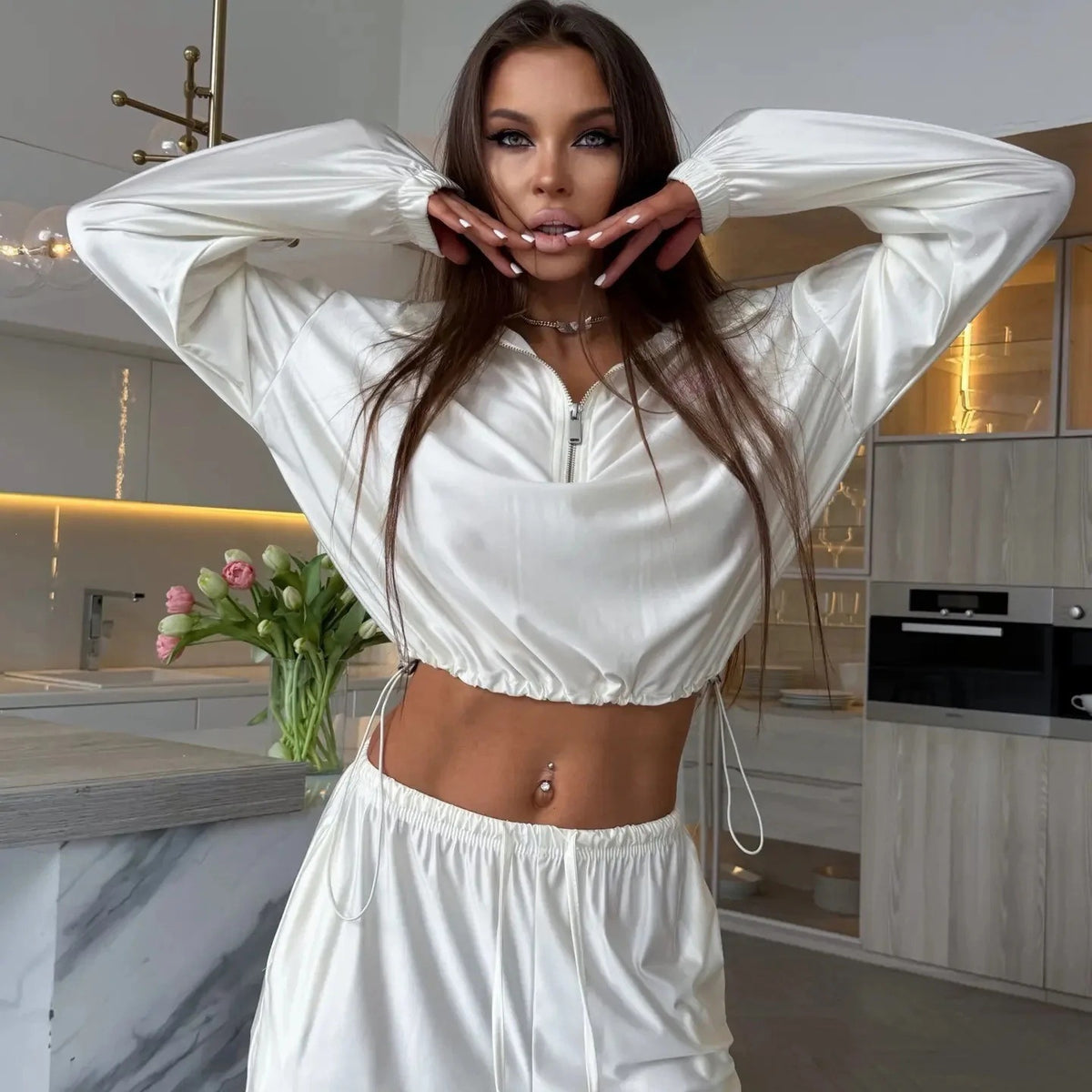 Women's Satin Zip Up Jacket Wide Leg Pants Two Piece Set