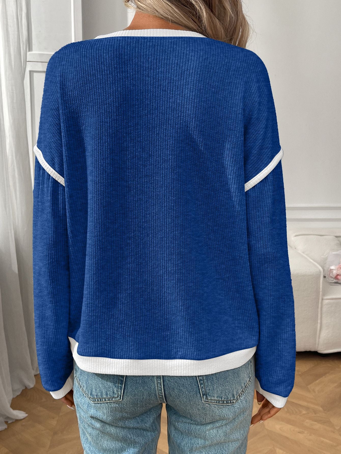 Dark Blue Contrast Trim Waffle Knit Long Sleeve Pullover Top