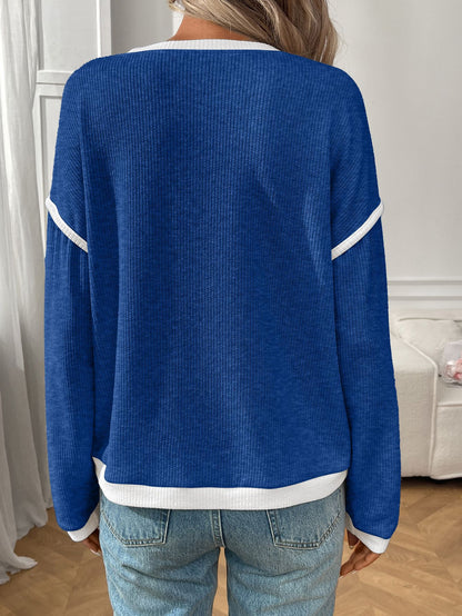 Dark Blue Contrast Trim Waffle Knit Long Sleeve Pullover Top