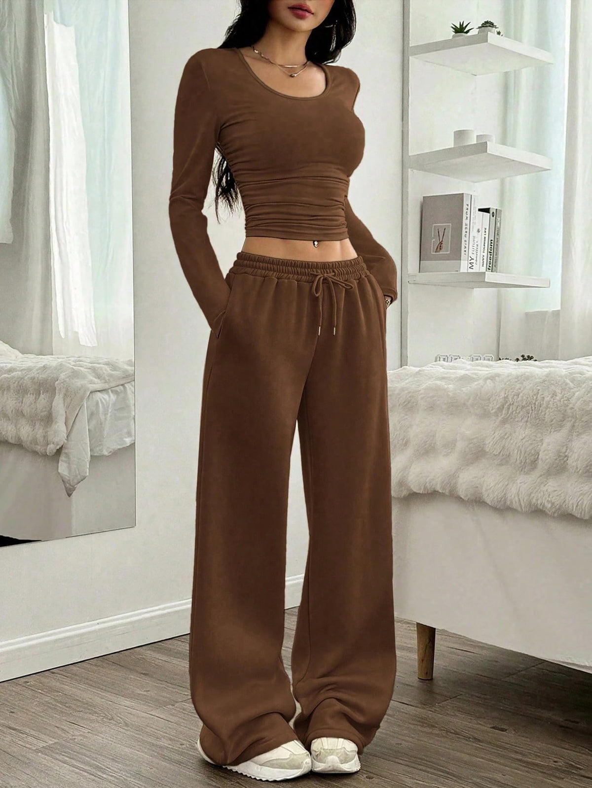 Women's Sexy Crop Top Wide Leg Pants Two Piece Set