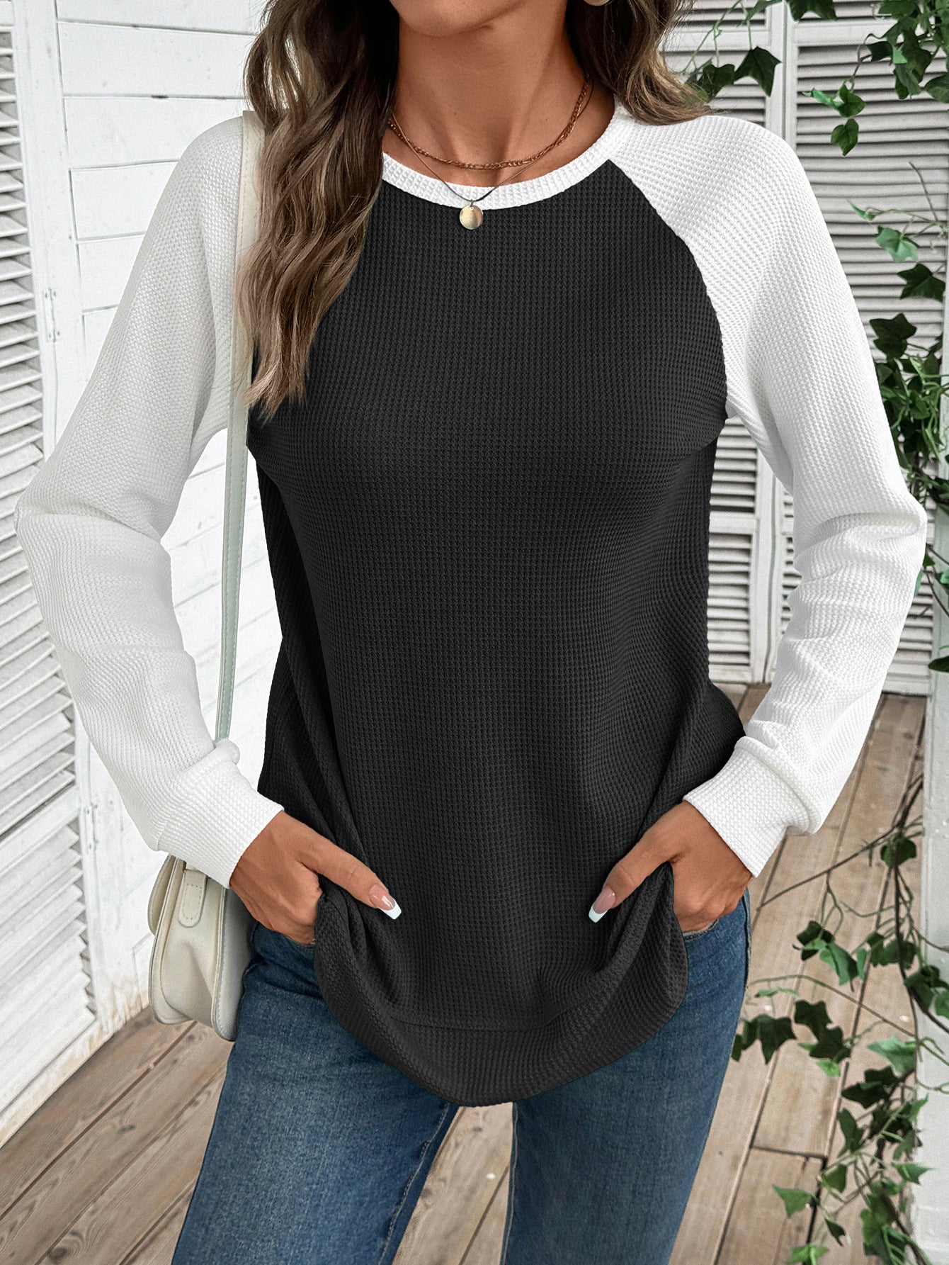 Colorblock Waffle Knit Long Sleeve Top Women Casual Tee