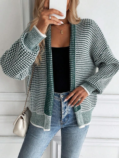 Women's Houndstooth Chunky Knit Open Front Cardigan