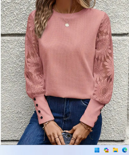 Waffle Knit Floral Lace Sleeve Crew Neck Casual Top