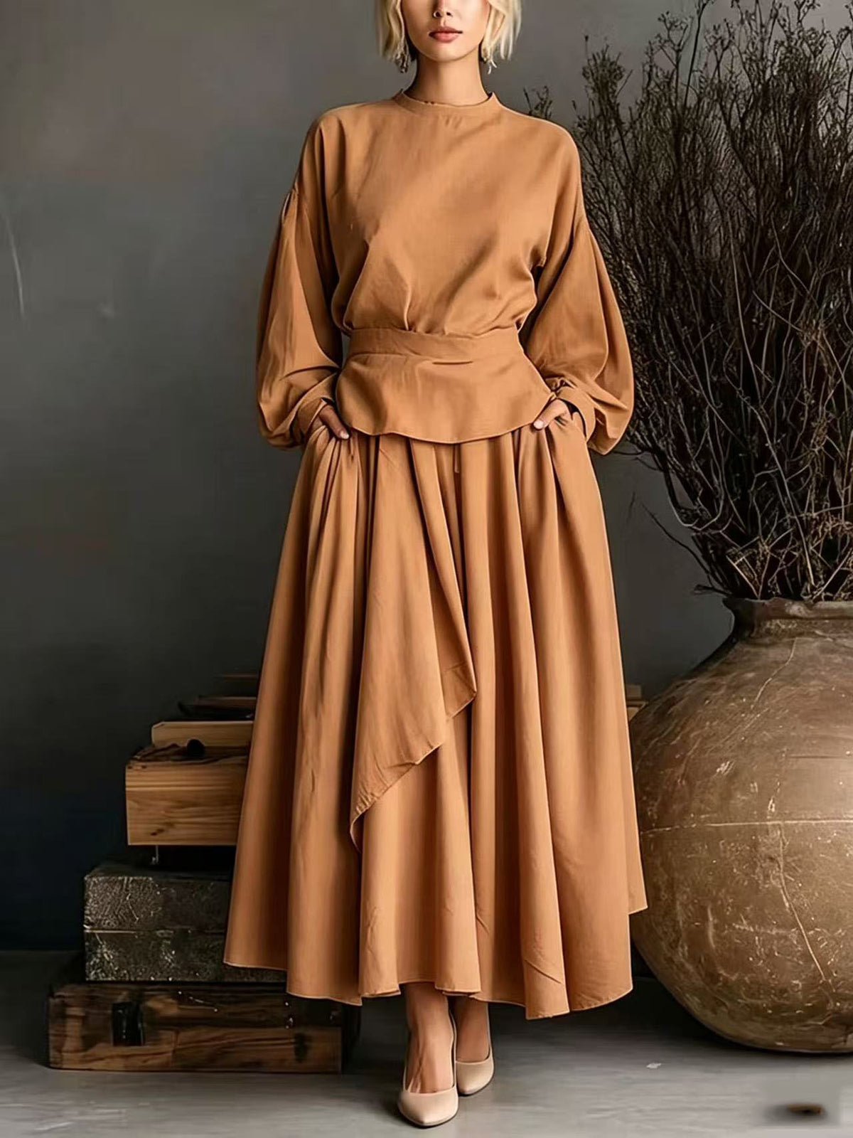 French Linen Cinched Waist Top & Maxi Skirt Set