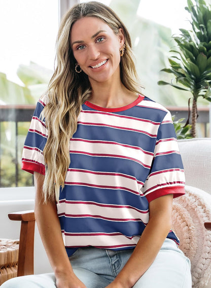 Women Striped Color Block Tee Casual Loose Fit Summer Top