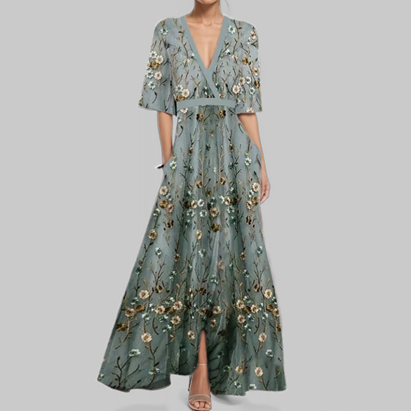 Floral V-Neck Maxi Dress Smocked Waist Half Sleeve