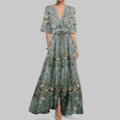 Floral V-Neck Maxi Dress Smocked Waist Half Sleeve