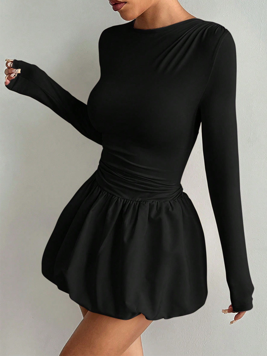Long Sleeve Fitted Bubble Dress Ruched Waist Mini