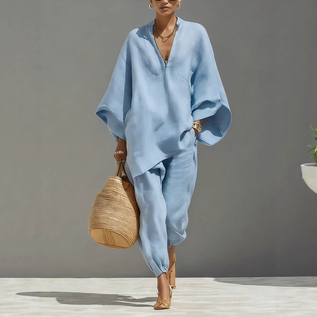 Women's Linen Blend Batwing V-Neck Two Piece Set