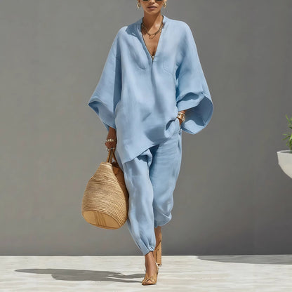 Women's Linen Blend Batwing V-Neck Two Piece Set