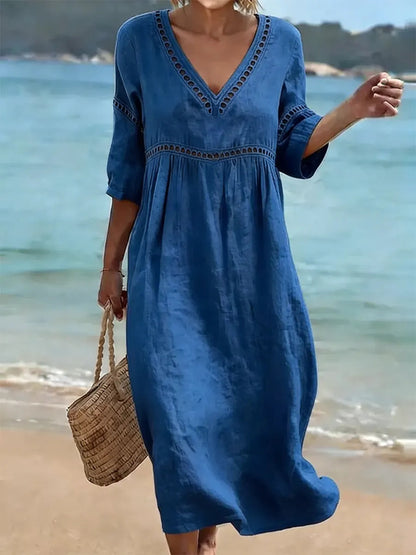 Women's V-Neck Eyelet Midi Dress Flowy 3/4 Sleeve