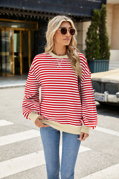 Striped Color Block Crew Neck Loose Fit Long Sleeve Sweatshirt