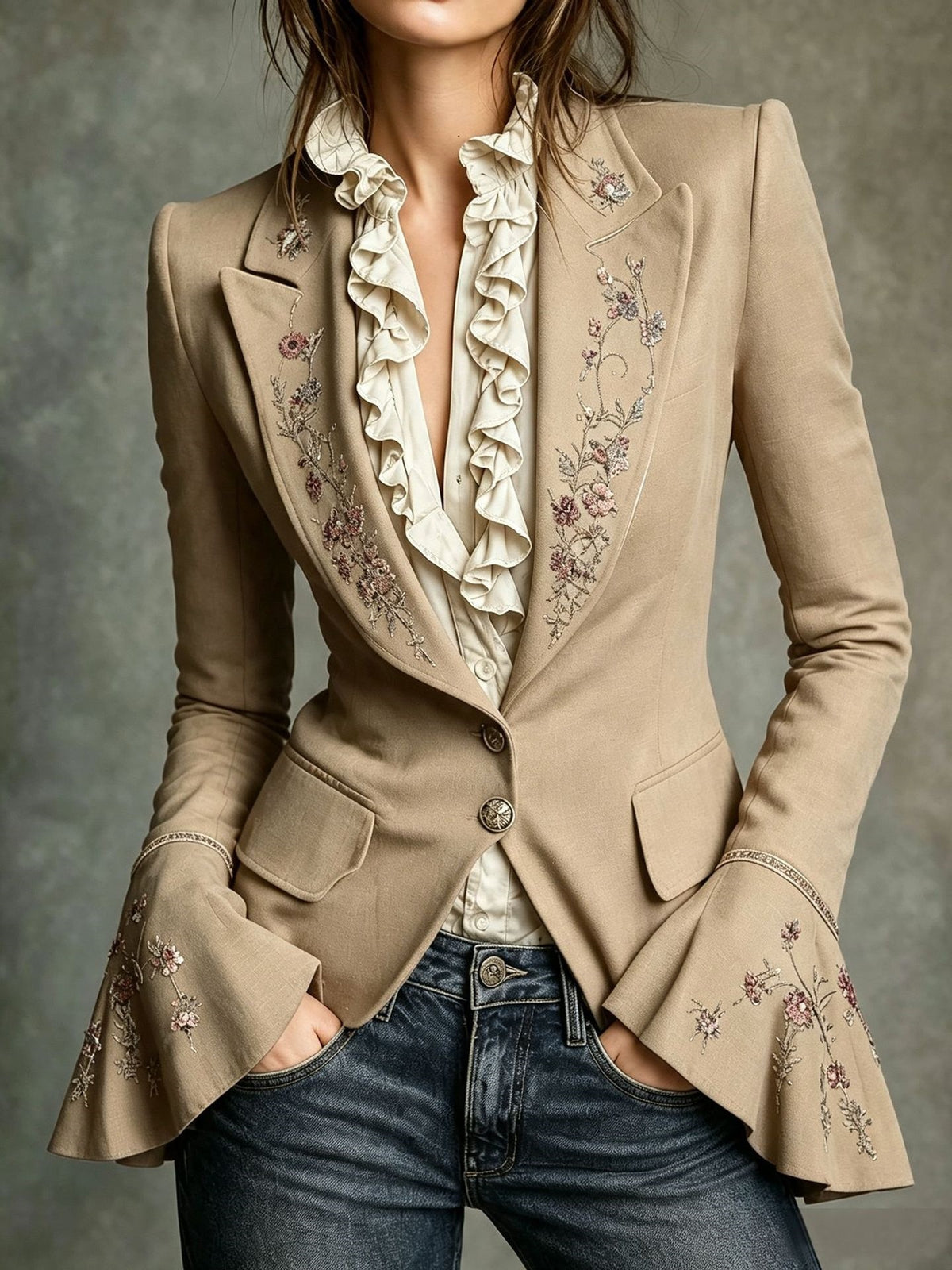 Women's Vintage Floral Embroidered Fitted Blazer