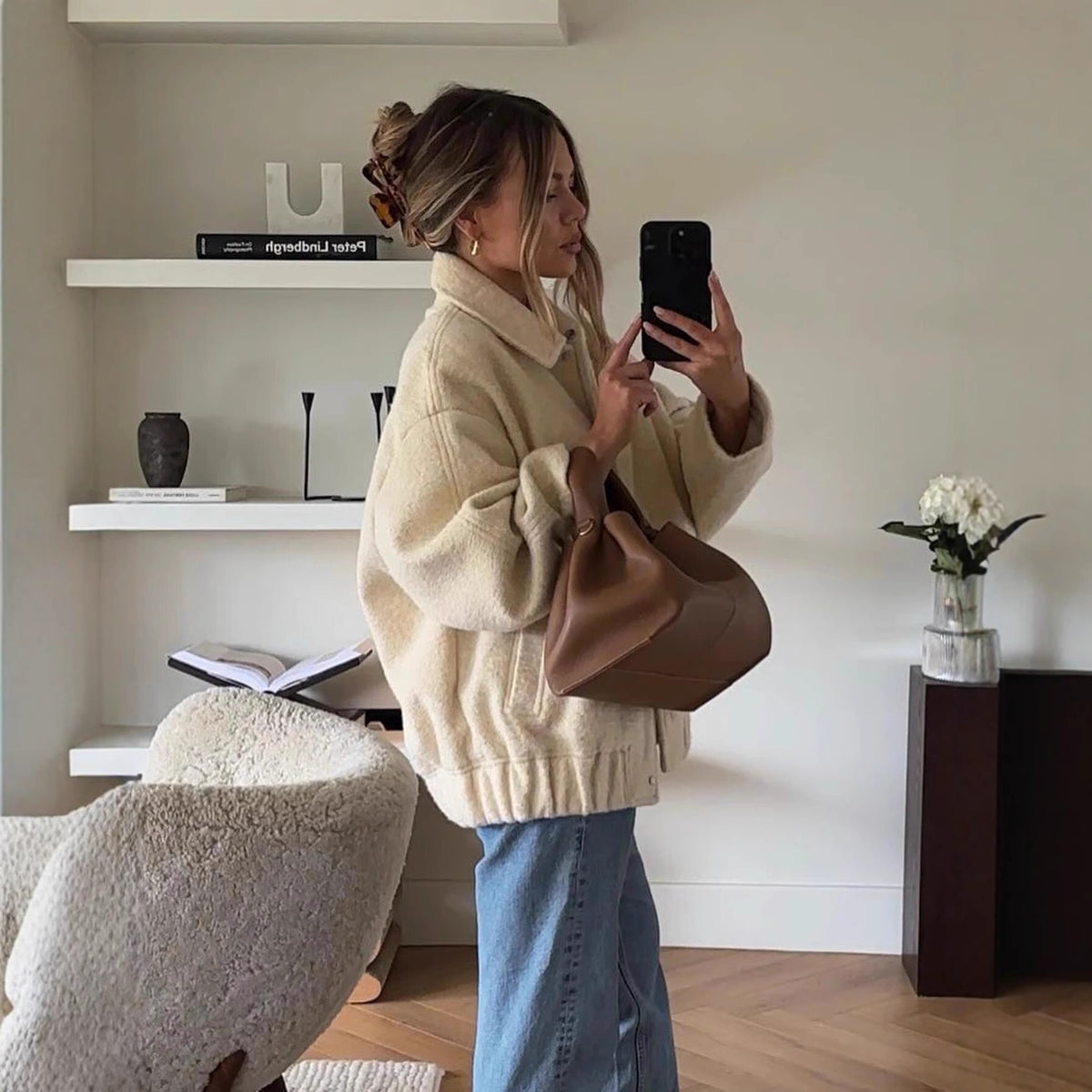 Women's Oversized Collared Sherpa Jacket Button Front