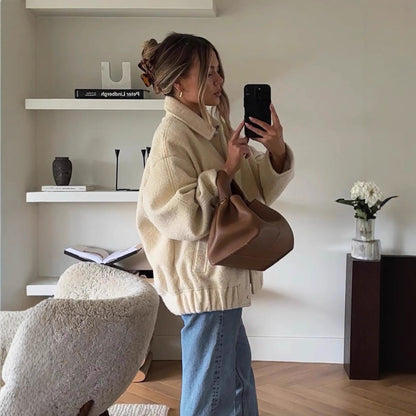 Women's Oversized Collared Sherpa Jacket Button Front