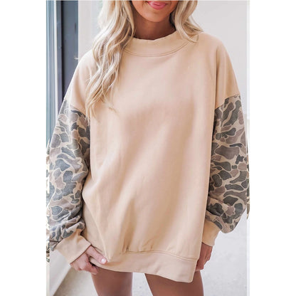 Oversized Camo Sleeve Mock Neck Fleece Sweatshirt