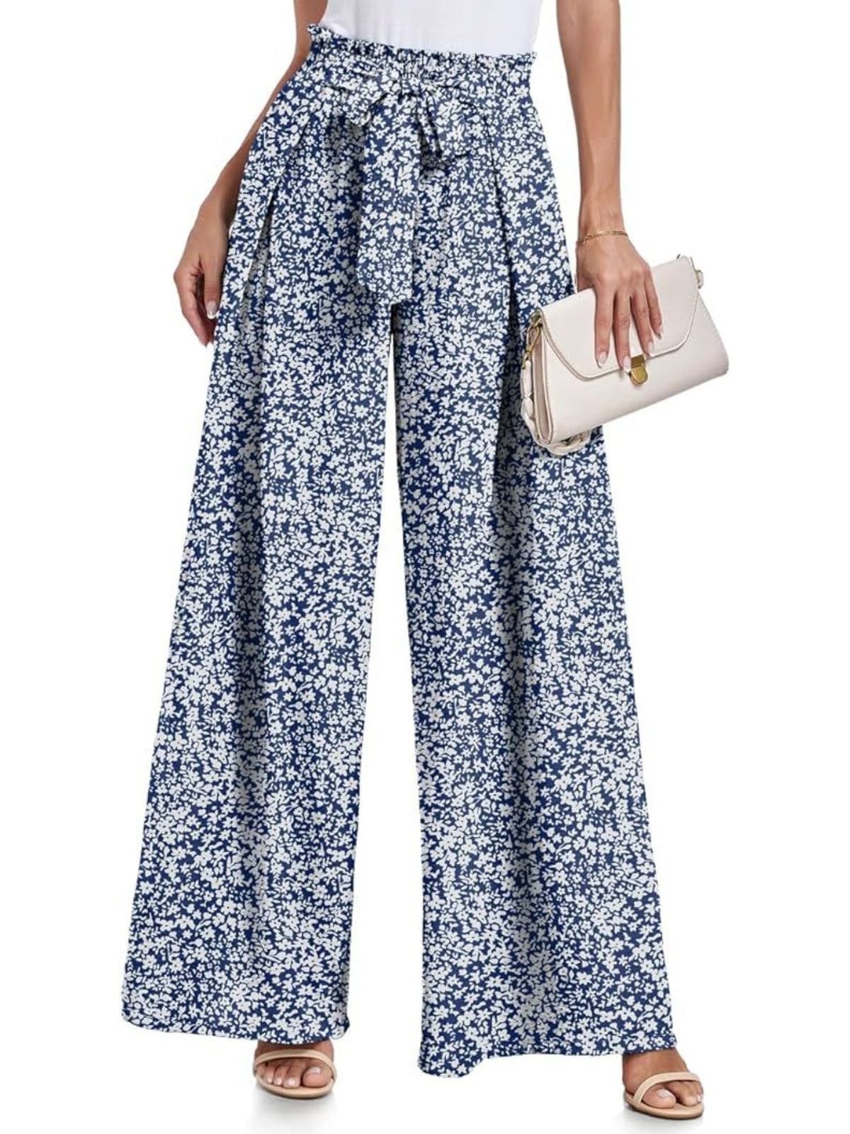 Women's Tie Waist Paperbag Wide Leg Pants