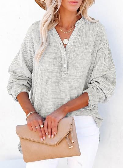 Cotton Gauze Henley Long Sleeve Relaxed Fit Top
