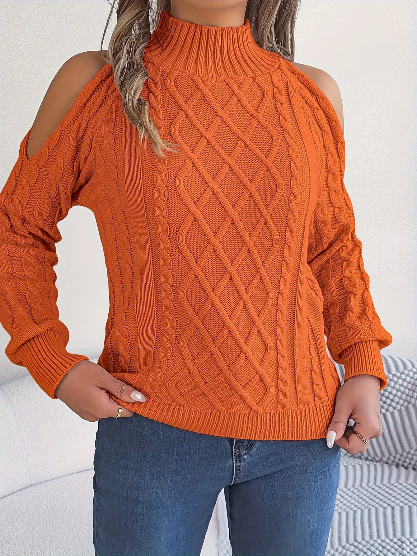 2025 Fall Winter Off-Shoulder Cable Knit Turtleneck Sweater