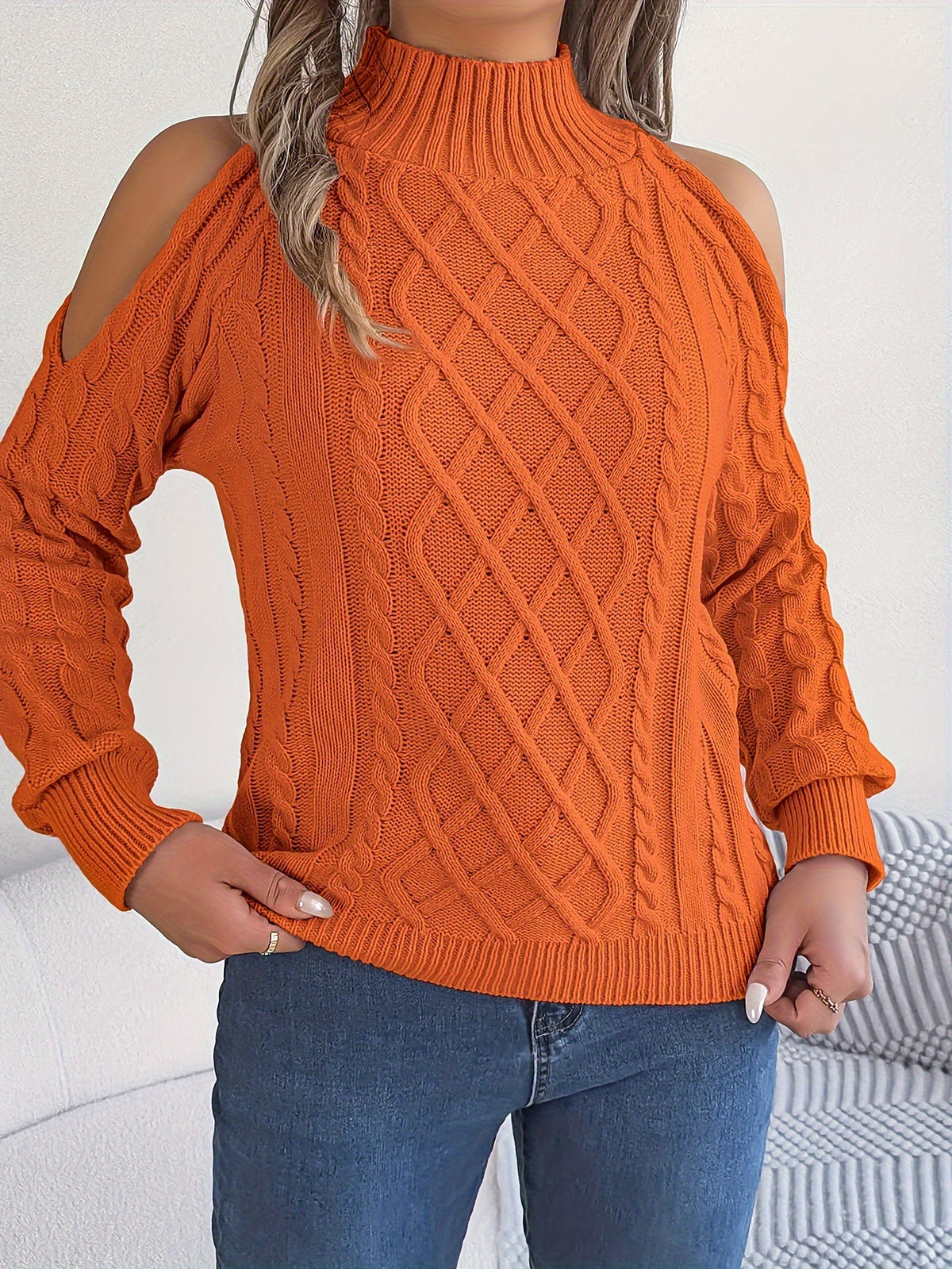 Women's Cold Shoulder Cable Knit Mock Neck Sweater
