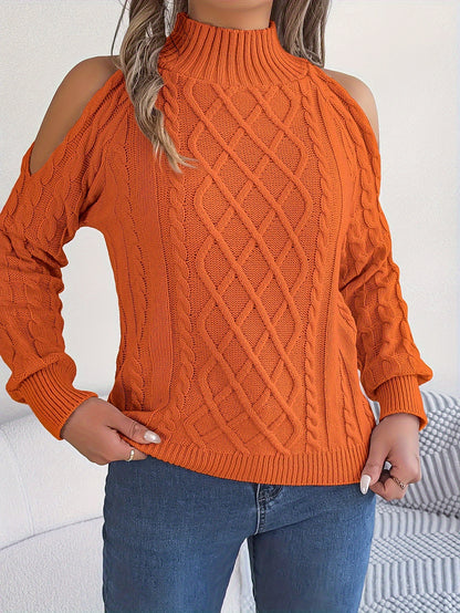 Women's Cold Shoulder Cable Knit Mock Neck Sweater