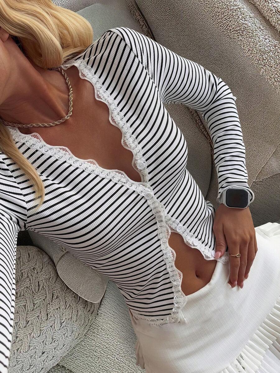Lace Trim Striped Ribbed Knit Button Front Cardigan