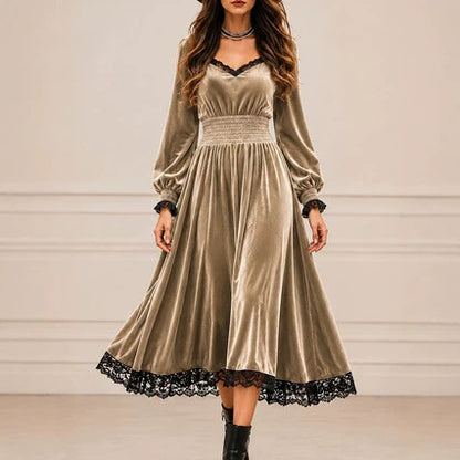 Women's Velvet Lace Trim V-Neck Long Sleeve Midi Dress